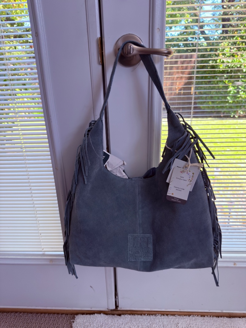 Haute Hippie Genuine Suede Fringe Hobo Bag NWT Blue - Picture 2 of 5